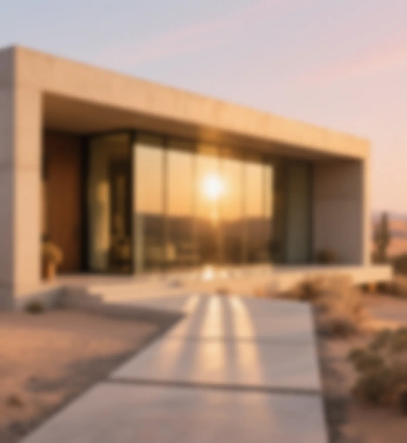 Single-storey stone and glass house at sunset, with the low sun reflecting across its full-height windows and a concrete path leading to the entrance