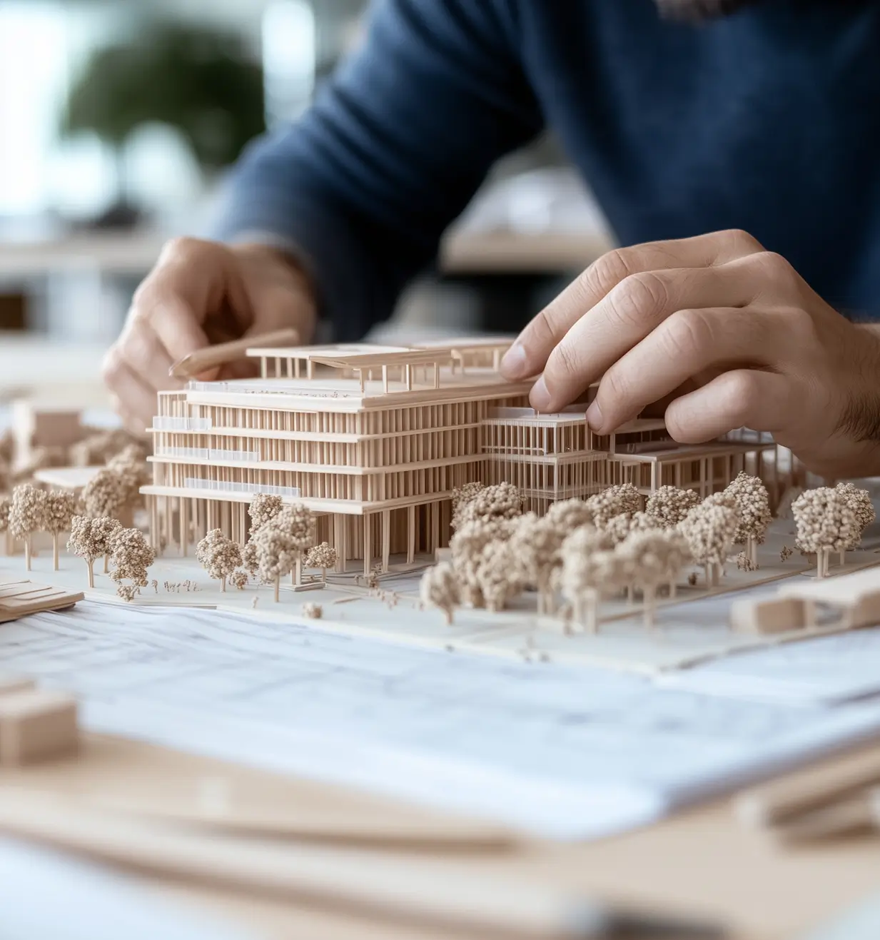 Close-up of hands working on a detailed wooden architectural model of a multi-story building surrounded by miniature trees on a table with blueprints.